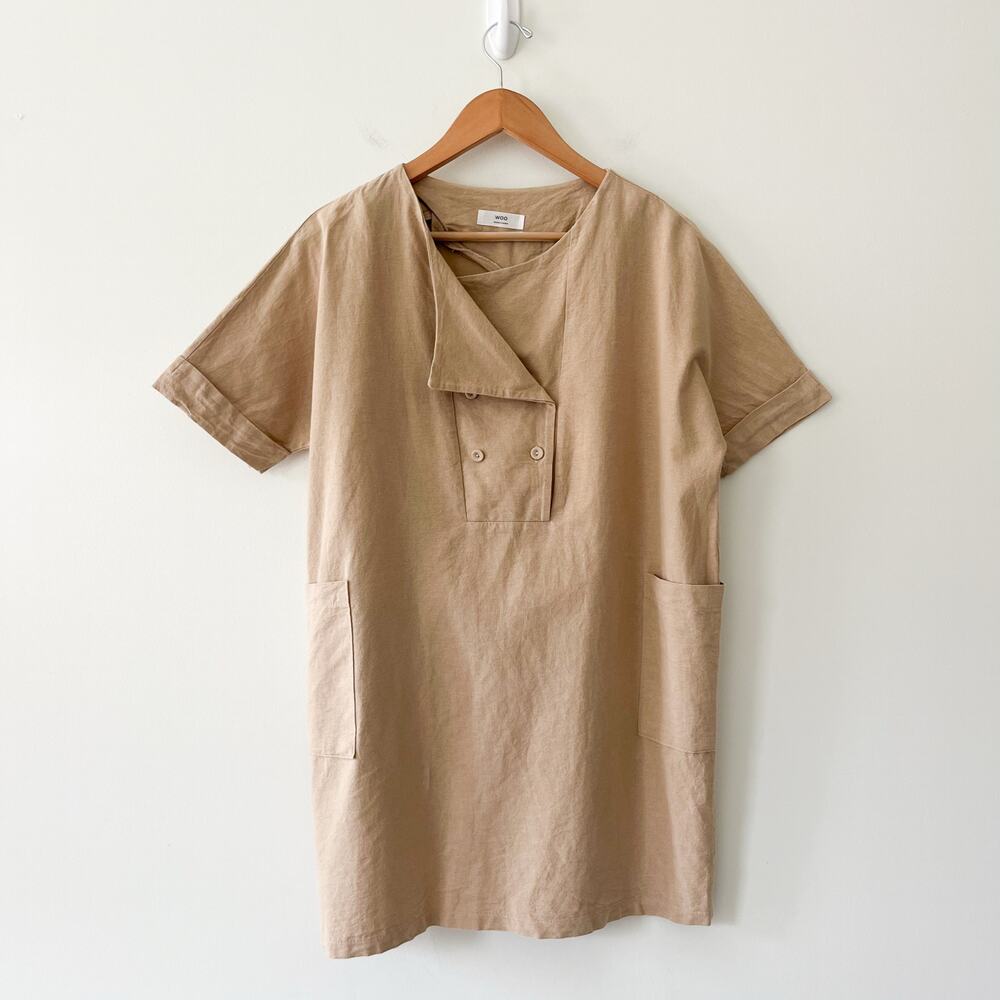 WOO Made in Korea Linen Tan Button Pocket Shirt Dress Top Unisex